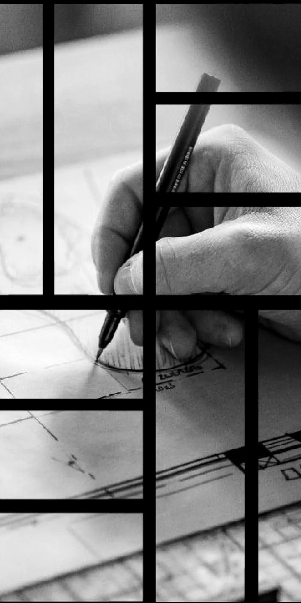 Une main dessine au crayon sur un plan d'exécution